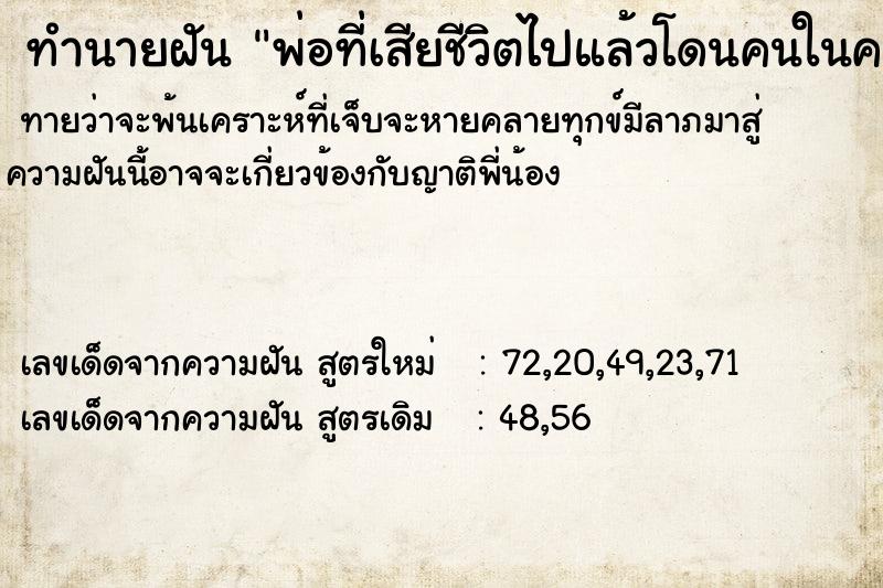 ทำนายฝันทำนายฝันพ่อที่เสียชีวิตไปแล้วโดนคนในครอบครัวทำร้าย