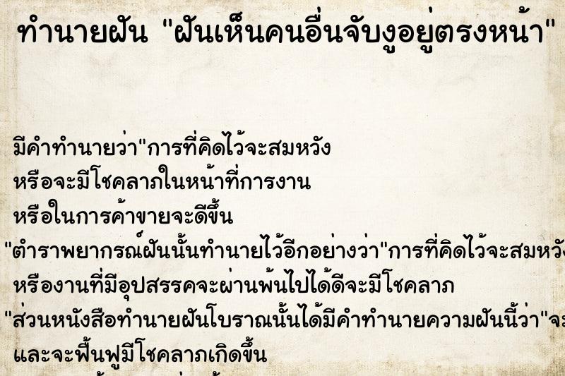 ทำนายฝันฝันเห็นคนอื่นจับงูอยู่ตรงหน้า ทำนายฝันทำนายฝันฝันเห็นคนอื่นจับงูอยู่ตรงหน้า