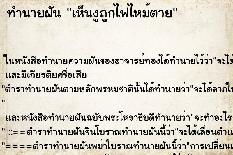 ทำนายฝัน เห็นงูถูกไฟไหม้ตาย ทำนายฝัน เห็นงูถูกไฟไหม้ตาย