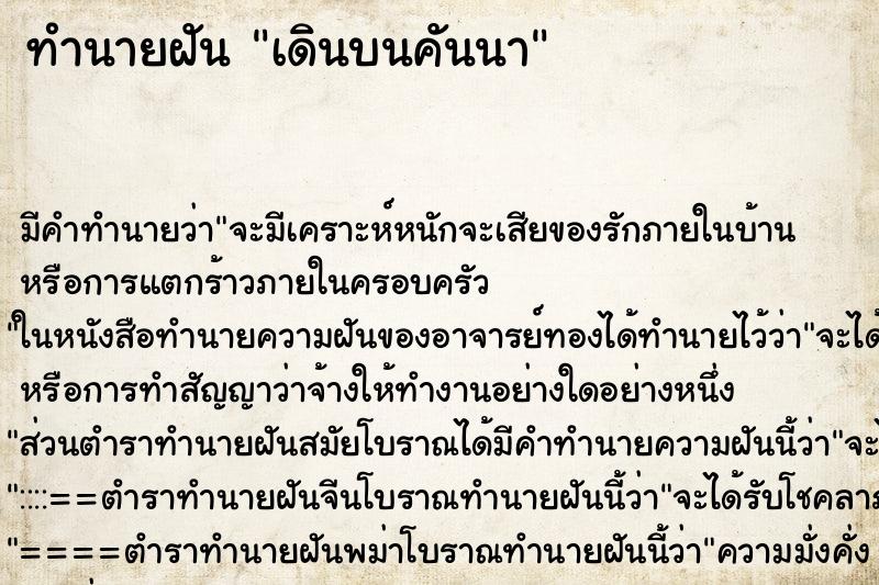 ทำนายฝัน เดินบนคันนา ตำราโบราณ แม่นที่สุดในโลก