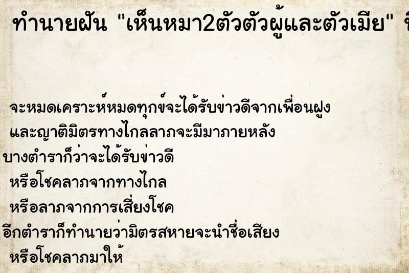 ทำนายฝันเห็นหมา2ตัวตัวผู้และตัวเมีย ทำนายฝันทำนายฝันเห็นหมา2ตัวตัวผู้และตัวเมีย