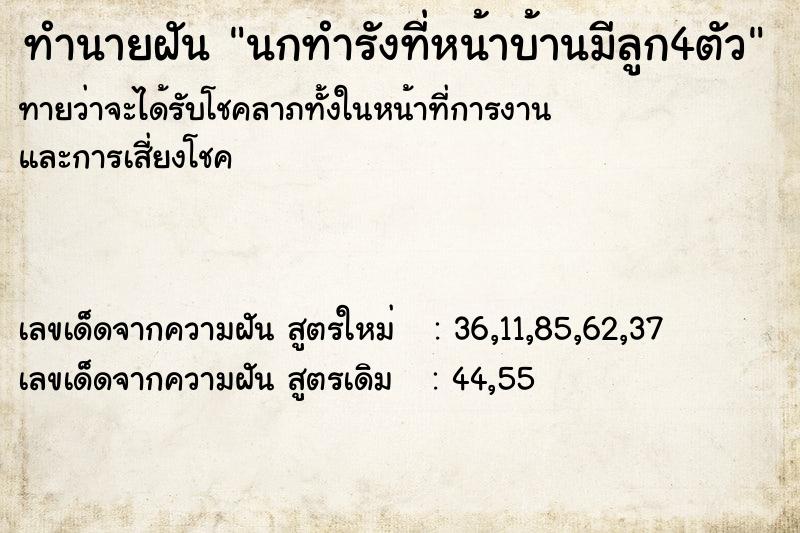 ทำนายฝันนกทำรังที่หน้าบ้านมีลูก4ตัว ทำนายฝันทำนายฝันนกทำรังที่หน้าบ้านมีลูก4ตัว