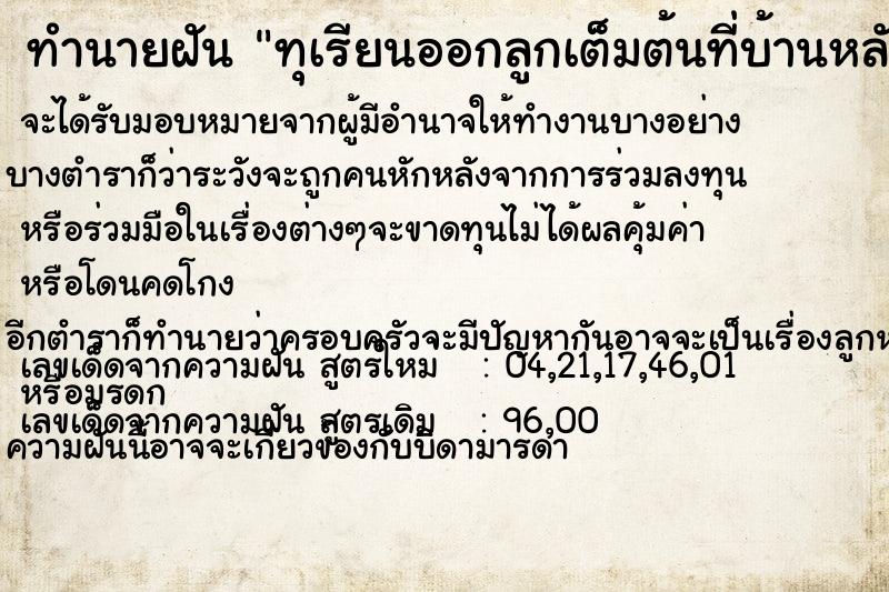 ทำนายฝันทุเรียนออกลูกเต็มต้นที่บ้านหลังเก่า ทำนายฝันทำนายฝันทุเรียนออกลูกเต็มต้นที่บ้านหลังเก่า