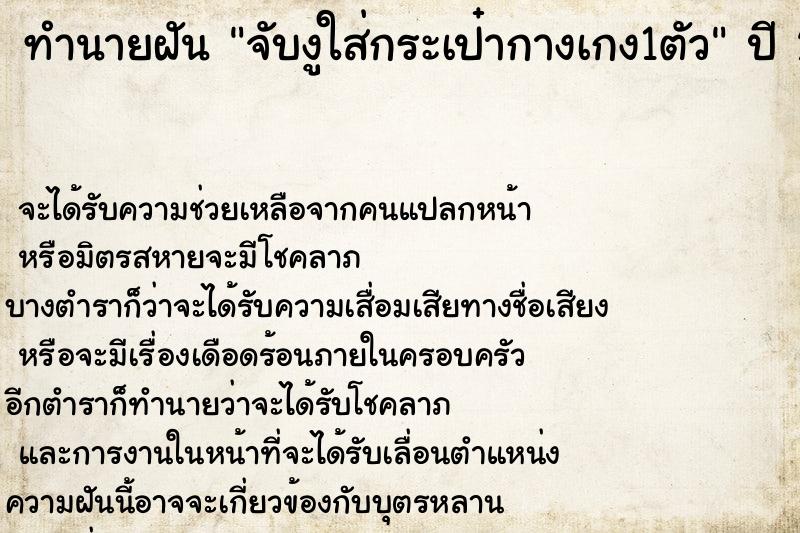 ทำนายฝัน จับงูใส่กระเป๋ากางเกง1ตัว ทำนายฝัน จับงูใส่กระเป๋ากางเกง1ตัว