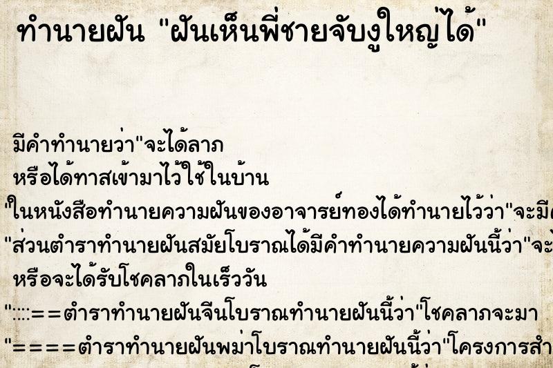 ทำนายฝัน ฝันเห็นพี่ชายจับงูใหญ่ได้ ทำนายฝัน ฝันเห็นพี่ชายจับงูใหญ่ได้