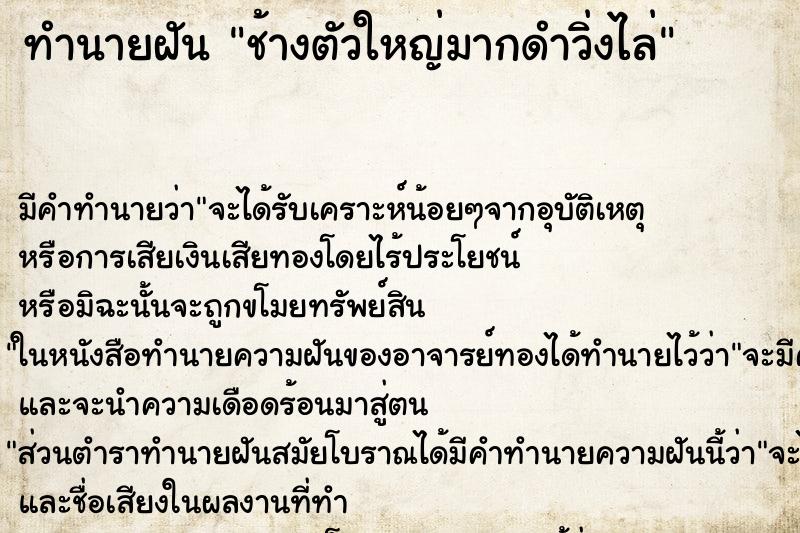 ทำนายฝันช้างตัวใหญ่มากดำวิ่งไล่ ทำนายฝันทำนายฝันช้างตัวใหญ่มากดำวิ่งไล่