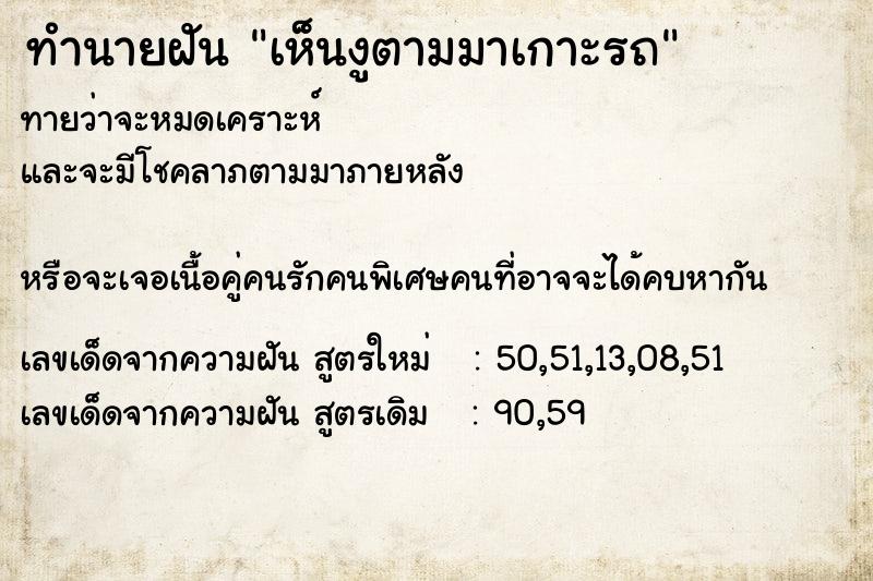 ทำนายฝันเห็นงูตามมาเกาะรถ ทำนายฝันทำนายฝันเห็นงูตามมาเกาะรถ