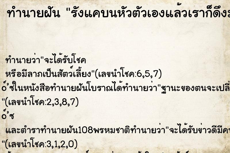 ทำนายฝัน รังแคบนหัวตัวเองแล้วเราก็ดึงมันออก ทำนายฝัน รังแคบนหัวตัวเองแล้วเราก็ดึงมันออก