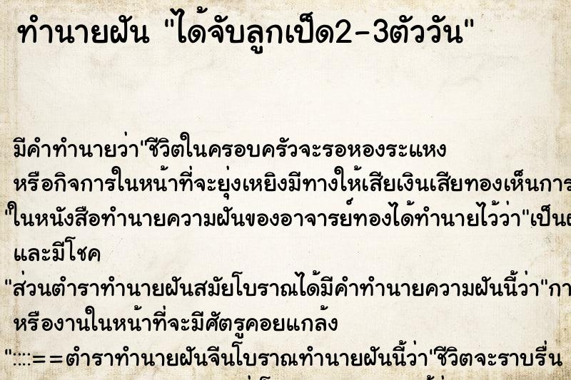 ทำนายฝัน ได้จับลูกเป็ด2-3ตัววัน ทำนายฝัน ได้จับลูกเป็ด2-3ตัววัน