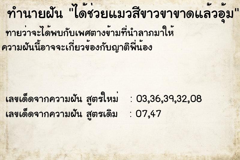 ทำนายฝันได้ช่วยแมวสีขาวขาขาดแล้วอุ้ม ทำนายฝันทำนายฝันได้ช่วยแมวสีขาวขาขาดแล้วอุ้ม