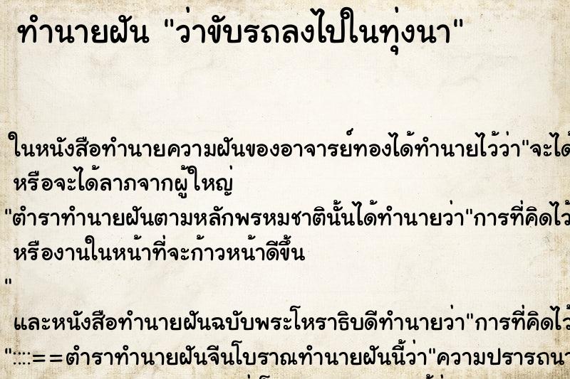 ทำนายฝัน ว่าขับรถลงไปในทุ่งนา ทำนายฝัน ว่าขับรถลงไปในทุ่งนา