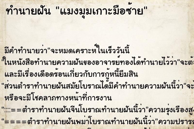 ทำนายฝัน แมงมุมเกาะมือซ้าย ตำราโบราณ แม่นที่สุดในโลก