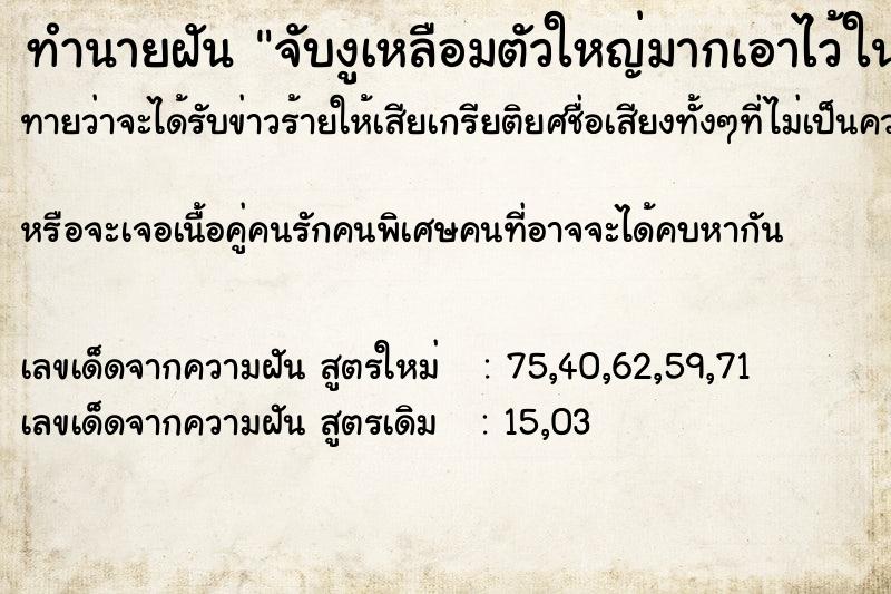 ทำนายฝันทำนายฝันจับงูเหลือมตัวใหญ่มากเอาไว้ในมือแต่งูไม่ทำอะไร