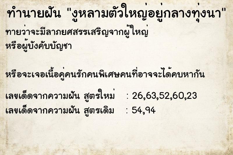 ทำนายฝันงูหลามตัวใหญ่อยู่กลางทุ่งนา ทำนายฝันทำนายฝันงูหลามตัวใหญ่อยู่กลางทุ่งนา