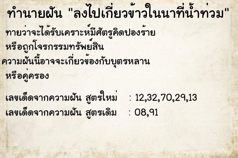 ทำนายฝันทำนายฝันลงไปเกี่ยวข้าวในนาที่น้ำท่วม