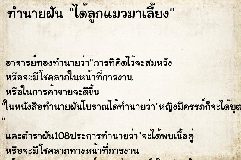 ทำนายฝัน ได้ลูกแมวมาเลี้ยง ทำนายฝัน ได้ลูกแมวมาเลี้ยง