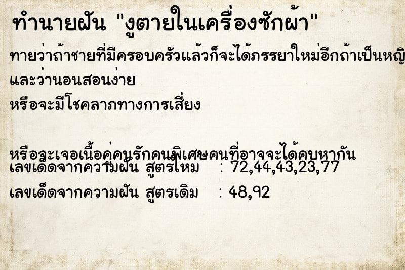 ทำนายฝันงูตายในเครื่องซักผ้า ทำนายฝันทำนายฝันงูตายในเครื่องซักผ้า