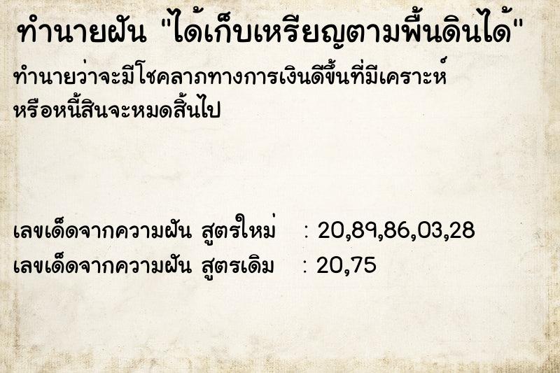 ทำนายฝันได้เก็บเหรียญตามพื้นดินได้ ทำนายฝันทำนายฝันได้เก็บเหรียญตามพื้นดินได้