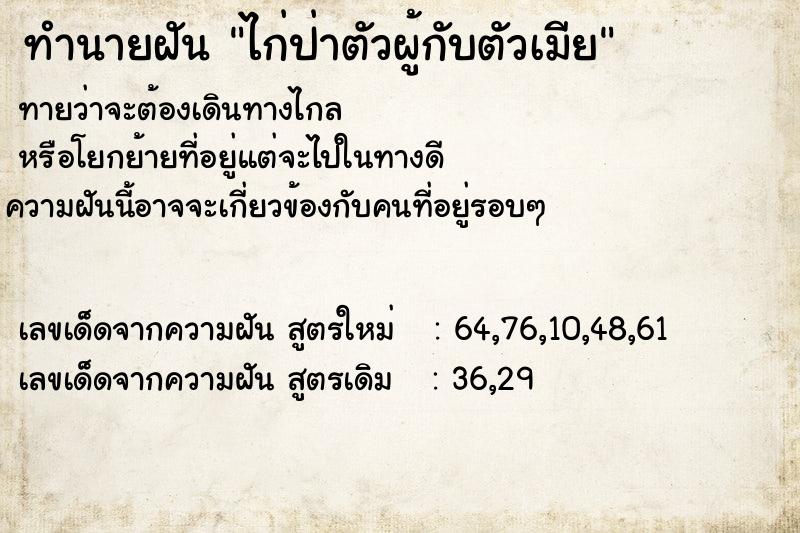 ทำนายฝันทำนายฝันไก่ป่าตัวผู้กับตัวเมีย