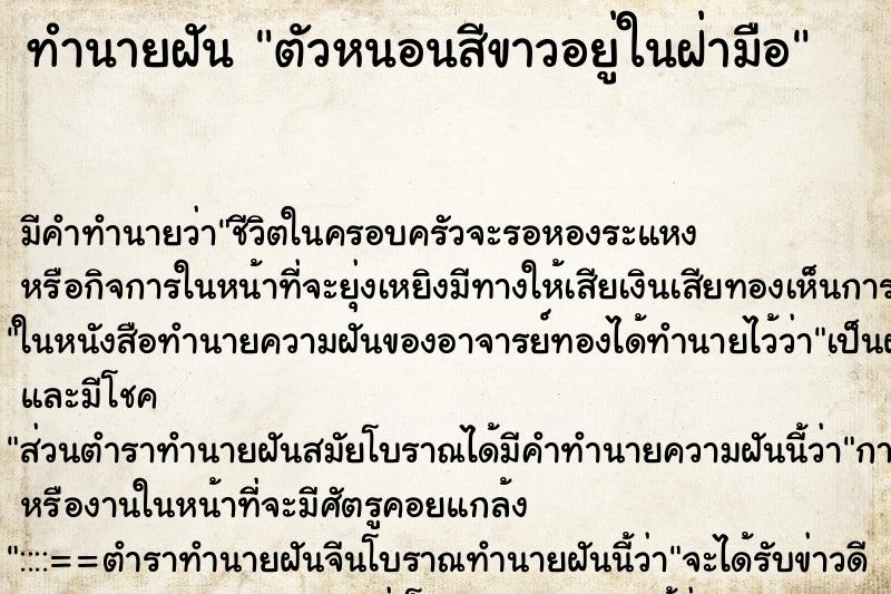 ทำนายฝันตัวหนอนสีขาวอยู่ในฝ่ามือ ทำนายฝันทำนายฝันตัวหนอนสีขาวอยู่ในฝ่ามือ