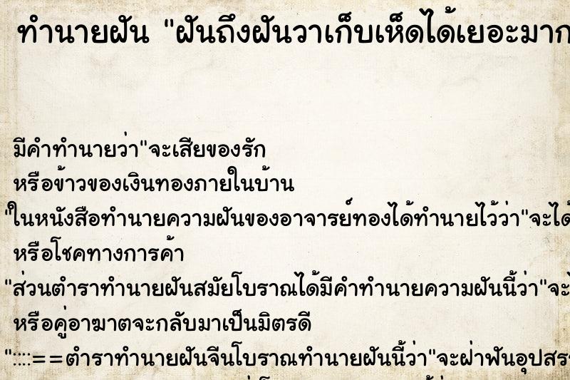 ทำนายฝัน ฝันถึงฝันวาเก็บเห็ดได้เยอะมาก ทำนายฝัน ฝันถึงฝันวาเก็บเห็ดได้เยอะมาก