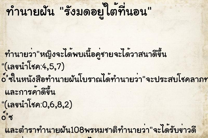 ทำนายฝันรังมดอยู่ใต้ที่นอน ทำนายฝันทำนายฝันรังมดอยู่ใต้ที่นอน