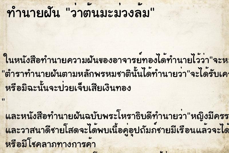 ทำนายฝันว่าต้นมะม่วงล้ม ทำนายฝันทำนายฝันว่าต้นมะม่วงล้ม