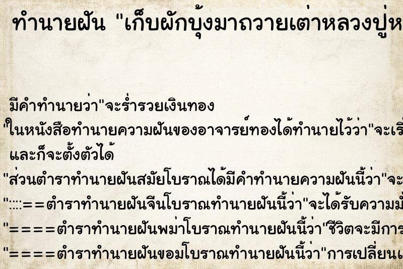 ทำนายฝันเก็บผักบุ้งมาถวายเต่าหลวงปู่หลิว ทำนายฝันทำนายฝันเก็บผักบุ้งมาถวายเต่าหลวงปู่หลิว