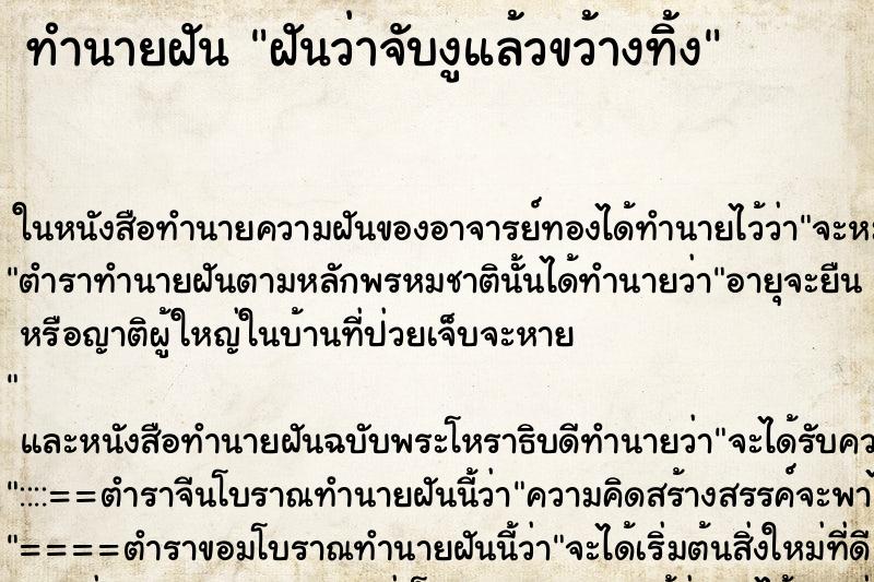 ทำนายฝันฝันว่าจับงูแล้วขว้างทิ้ง ทำนายฝันทำนายฝันฝันว่าจับงูแล้วขว้างทิ้ง