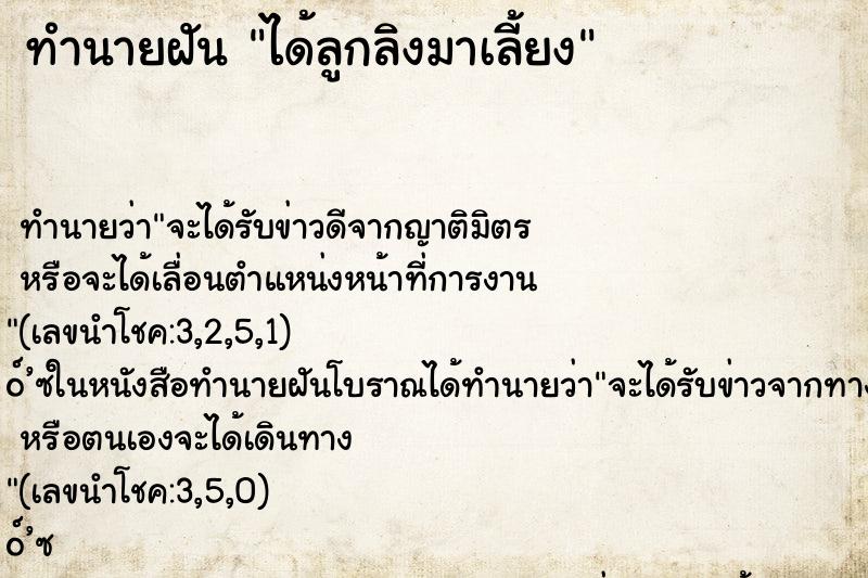 ทำนายฝัน ได้ลูกลิงมาเลี้ยง ทำนายฝัน ได้ลูกลิงมาเลี้ยง
