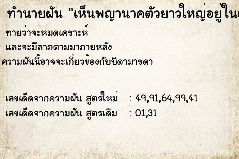 ทำนายฝันทำนายฝันเห็นพญานาคตัวยาวใหญ่อยู่ในแม่น้ำที่ใสสะอาด