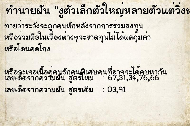 ทำนายฝันทำนายฝันงูตัวเล็กตัวใหญ่หลายตัวแต่วิ่งหนี