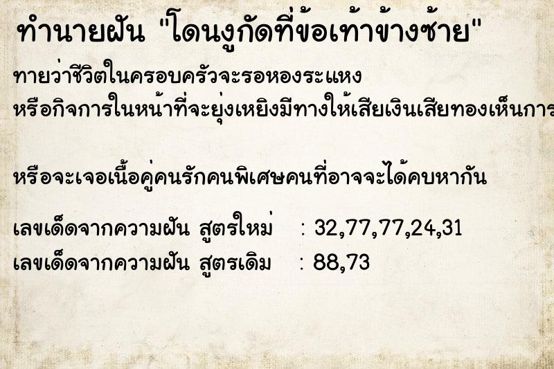 ทำนายฝันทำนายฝันโดนงูกัดที่ข้อเท้าข้างซ้าย