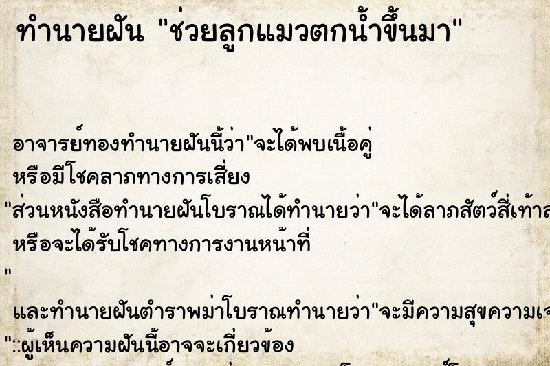 ทำนายฝัน ช่วยลูกแมวตกน้ำขึ้นมา ตำราโบราณ แม่นที่สุดในโลก