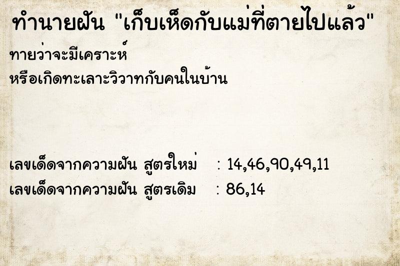 ทำนายฝันเก็บเห็ดกับแม่ที่ตายไปแล้ว ทำนายฝันทำนายฝันเก็บเห็ดกับแม่ที่ตายไปแล้ว