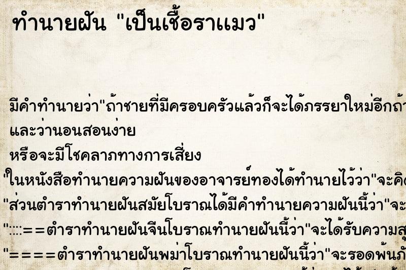 ทำนายฝันเป็นเชื้อราเเมว ทำนายฝันทำนายฝันเป็นเชื้อราเเมว