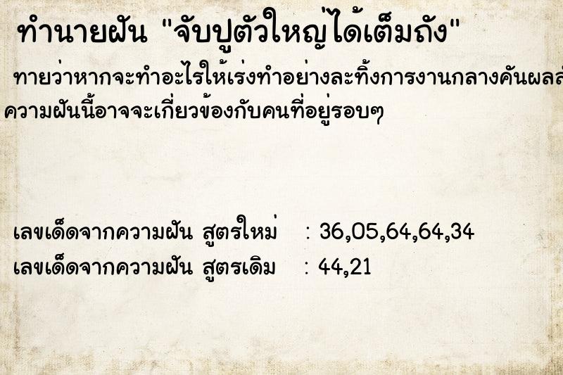 ทำนายฝันจับปูตัวใหญ่ได้เต็มถัง ทำนายฝันทำนายฝันจับปูตัวใหญ่ได้เต็มถัง