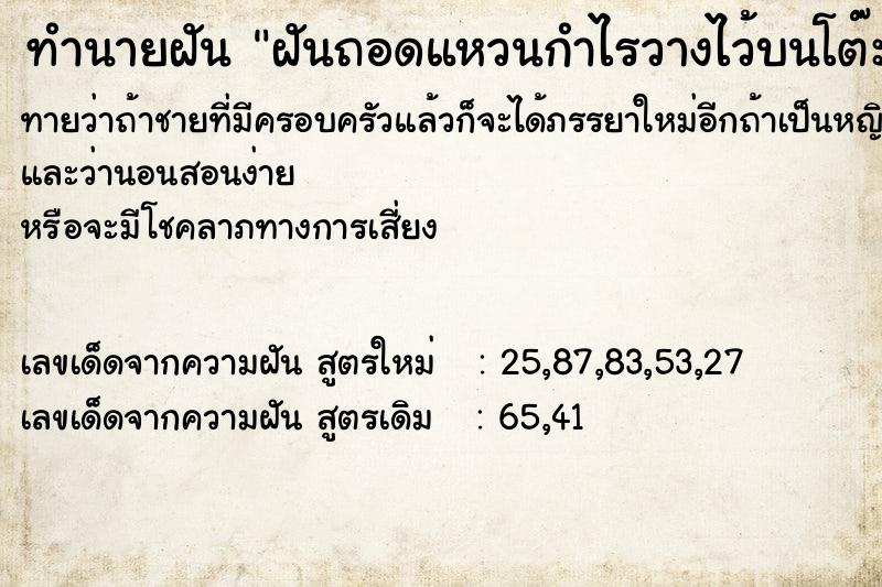 ทำนายฝันทำนายฝันฝันถอดแหวนกำไรวางไว้บนโต๊ะ