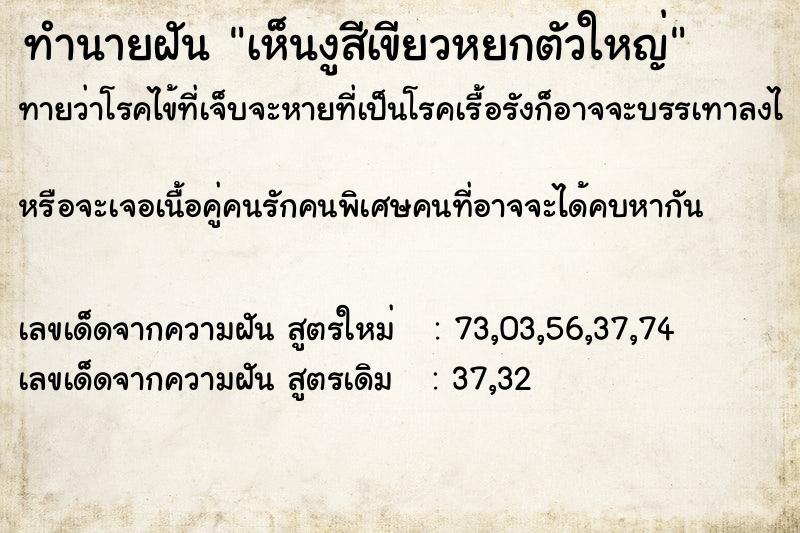 ทำนายฝันเห็นงูสีเขียวหยกตัวใหญ่ ทำนายฝันทำนายฝันเห็นงูสีเขียวหยกตัวใหญ่