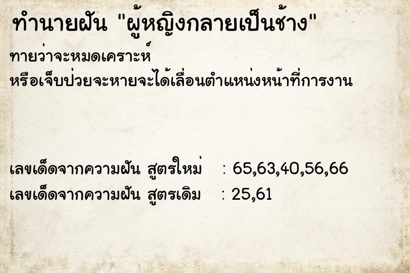 ทำนายฝันผู้หญิงกลายเป็นช้าง ทำนายฝันทำนายฝันผู้หญิงกลายเป็นช้าง
