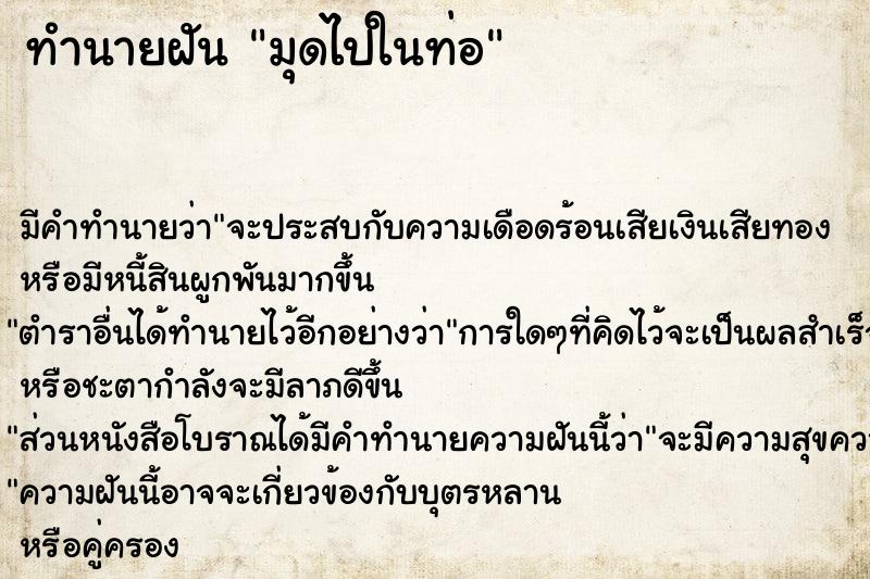 ทำนายฝัน มุดไปในท่อ ทำนายฝัน มุดไปในท่อ
