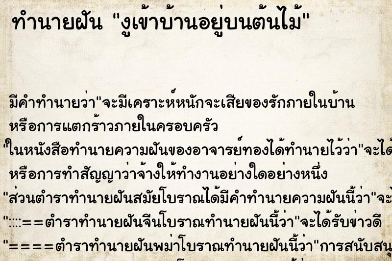 ทำนายฝันงูเข้าบ้านอยู่บนต้นไม้ ทำนายฝันทำนายฝันงูเข้าบ้านอยู่บนต้นไม้