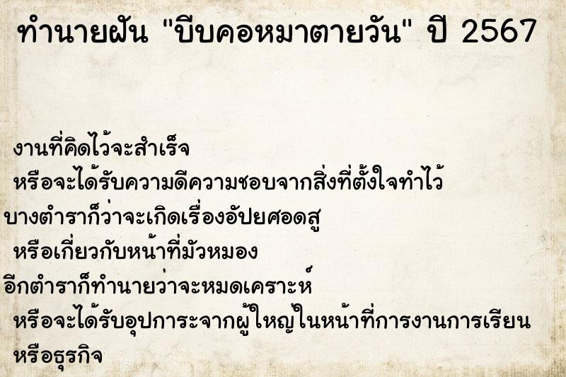 ทำนายฝันบีบคอหมาตายวัน ทำนายฝันทำนายฝันบีบคอหมาตายวัน
