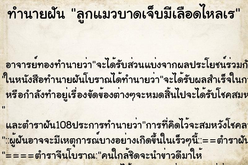 ทำนายฝัน ลูกแมวบาดเจ็บมีเลือดไหลเร ตำราโบราณ แม่นที่สุดในโลก