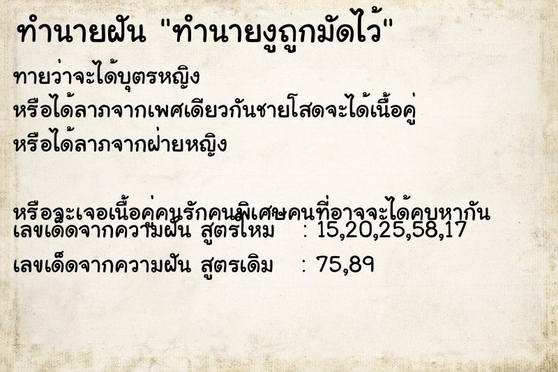 ทำนายฝันทำนายงูถูกมัดไว้ ทำนายฝันทำนายฝันทำนายงูถูกมัดไว้