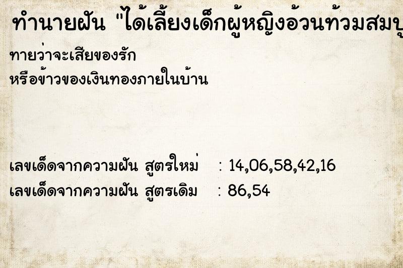 ทำนายฝันได้เลี้ยงเด็กผู้หญิงอ้วนท้วมสมบูรณ์ ทำนายฝันทำนายฝันได้เลี้ยงเด็กผู้หญิงอ้วนท้วมสมบูรณ์