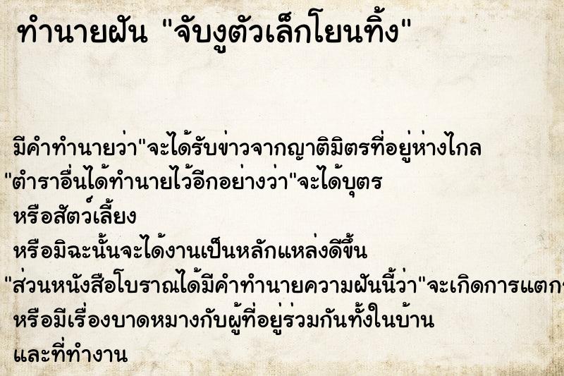 ทำนายฝัน จับงูตัวเล็กโยนทิ้ง ตำราโบราณ แม่นที่สุดในโลก