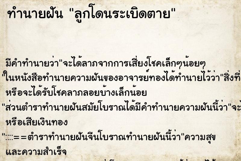 ทำนายฝัน ลูกโดนระเบิดตาย ทำนายฝัน ลูกโดนระเบิดตาย