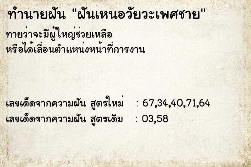 ทำนายฝันฝันเหนอวัยวะเพศชาย ทำนายฝันทำนายฝันฝันเหนอวัยวะเพศชาย