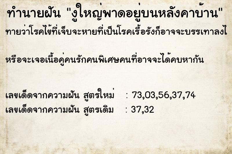 ทำนายฝันงูใหญ่พาดอยู่บนหลังคาบ้าน ทำนายฝันทำนายฝันงูใหญ่พาดอยู่บนหลังคาบ้าน